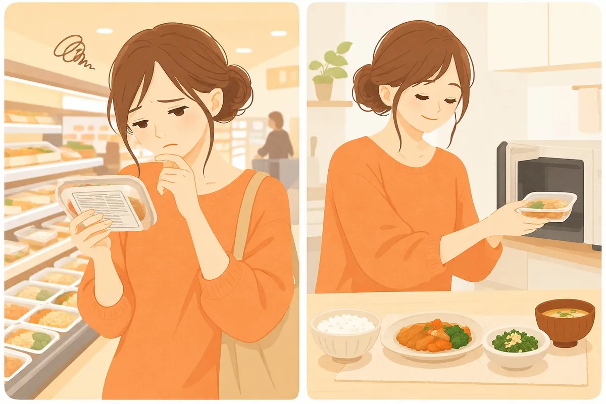 左はスーパーで惣菜パックの原材料表示を眉をひそめて読む女性、右は自宅で届いたおかずの容器を電子レンジに入れ、テーブルにおかず2品とご飯と味噌汁が並んでいるイラスト