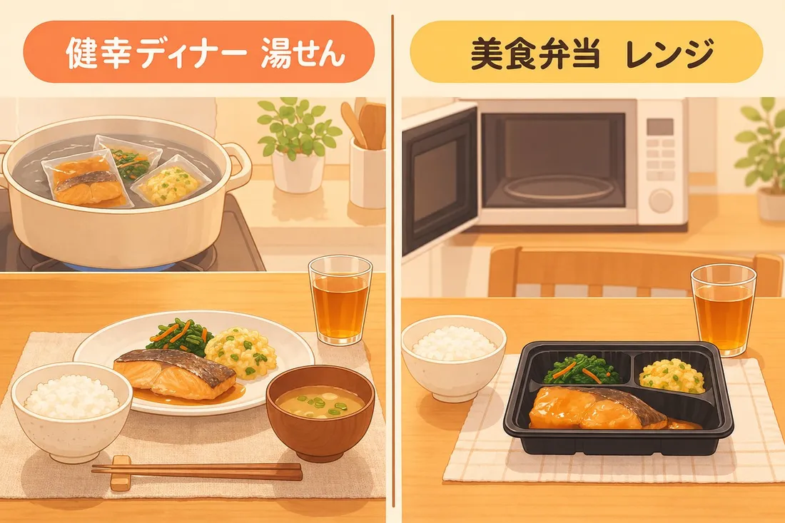 健幸ディナー（湯せんして器に盛る）と美食弁当（レンジで温めてトレーのまま）の違いを左右で比べた図解